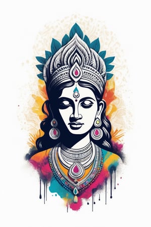 Vintage tshirt print design (on a white background:1.2), Retro Silhouette drawing of a indian idol from the front, with colors ink pop art blackground,delicate,filigram,centered,intricate details,high resolution,4k, illustration style,Leonardo Style