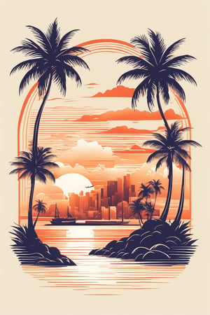 harbor, palm trees, simple background, solo, tattoo, tshirt design 