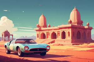 (by James Gilleard, (Andreas Rocha:1.15):1.05), cat, exotic car, The Champaner-Pavagadh Archaeological Park, dynamic angle, (side view:1.2), retro artstyle, award-winning, minimalist, simple, wide landscape, high contrast, highly detailed, intricate,