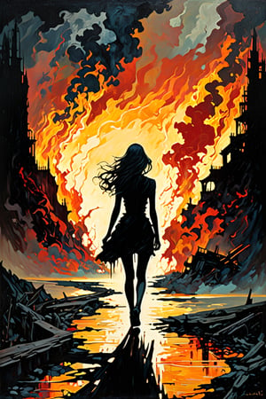 female Silhouette walking away from her lover, bridge burning behind, path leading forward,, Dark and introspective, Abstract expressionism, Surrealist imagery, "Melancholic Surrealism", highly detailed, high quality. hyperactive imagination, interactive, highly detailed image. Art's Style by Clayton Crain + Stjepan Sejic + Alessandro Cappuccio.