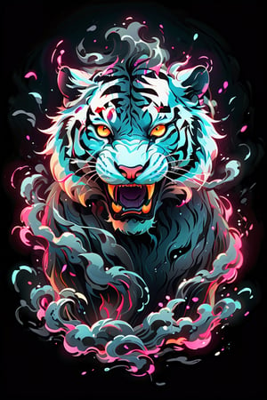 stamp vector for t-shirt, white tiger character, strong lines, lit neon palette, neo-traditional, badass, hipster, graffiti, underground, badass, noir