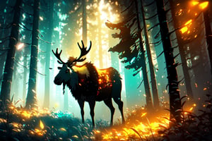 style of Anato Finnstark, a beautiful landscape of a Moose, outdoor, thematic background, neon, glow, fluttering symbols, | depth of field, bokeh, | smooth detailed shadows, hyperealistic shadows, (saturated color) | ,(unreal engine, pixar style), (3d model)
