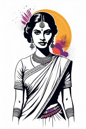 Vintage tshirt print design (on a white background:1.2), Retro Silhouette drawing of a indian rani wearing a sari from the front, with colors ink pop art blackground,delicate,filigram,centered,intricate details,high resolution,4k, illustration style,Leonardo Style