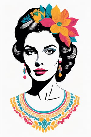 Vintage tshirt print design (on a white background:1.2), Retro Silhouette drawing of a mexico lady from the front, with colors ink pop art blackground,delicate,filigram,centered,intricate details,high resolution,4k, illustration style,Leonardo Style