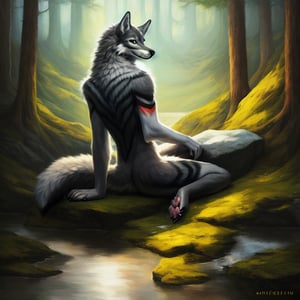 anthro, canine, wolf, solo, looking at viewer, fur, masterpiece, best quality, detailed background,   