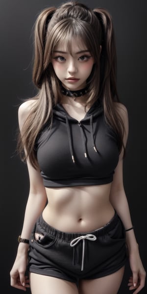A seductive asian rock chick wearing cream colored cargo pants.black hoodie.chocker. studs.tatoos,.long black hair.hair covers one eye.bangs.beautiful.over sized blue eyes.large breasts .cleavage.small waist.large hips.perfectly drawn hands.focus from torso up.atitude.menacing.8k uhd masterpiece .facing viewer.black background,SAM YANG