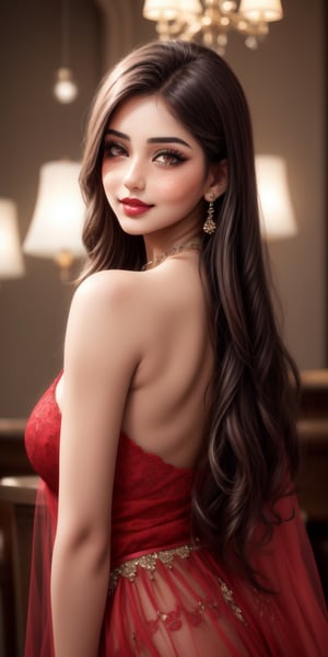 hyper-realistic 8k, young beautiful pakistani girl, detailed eyes, sensual eyes, brown colored eyes, light freckles on face, red nose, dimples on the cheek, sexy lips, parted lips, dark red lipstick, long hair, short dress, smirk, pakistani origin girl, cute face, perfect face symmetry
 