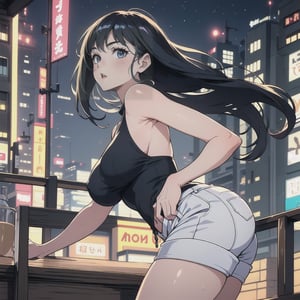(1girl:1.5), Motoko Kusanagi, a stunning Japanese woman, weating tight white sleeveless shirt and short shorts, cute pose, from below side, stands confidently against a cityscape backdrop at night, The camera captures her elegant profile from a side angle, emphasizing her delicate features as she gazes off-camera. Her skin glows in the soft focus, radiating intimacy and subtlety. cameltoe,