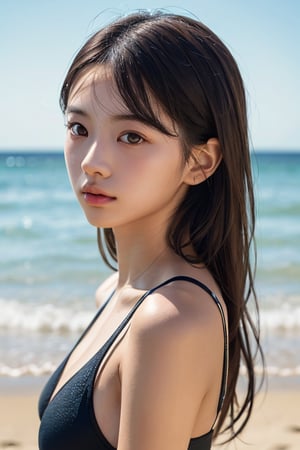 photo of a Top model Taiwanese teenage, smooth soft skin,  symmetrical, at summer, whole body, at the beach, perfect detail ,  looking at viewer, make up,
soft lighting, highly detailed face, from side, photo realistic, (looking into camera:1.7), HDR