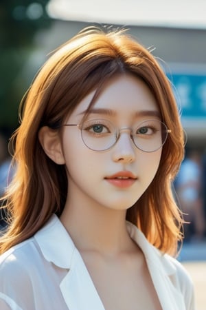 portrait photo of a Top model Japanese-French teenage girl Naked, seductive smile, small mole under left eye, smooth soft skin, symmetrical, at summer, whole body, at school, perfect detail, looking at viewer, make up, buns, ginger hair, large round glasses, korean highschool uniform, white open cleavage shirt, soft lighting, highly detailed face, from side, photo realistic, (looking into camera:1.7), HDR, cowboy shot