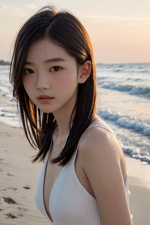 photo of a Top model Taiwanese teenage, smooth soft skin,  symmetrical, at summer, whole body, at the beach, perfect detail ,  looking at viewer, make up,
soft lighting, highly detailed face, from side, photo realistic, (looking into camera:1.7), HDR