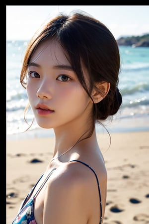 photo of a Top model Taiwanese teenage, smooth soft skin,  symmetrical, at summer, whole body, at the beach, perfect detail ,  looking at viewer, make up,
soft lighting, highly detailed face, from side, photo realistic, (looking into camera:1.7), HDR