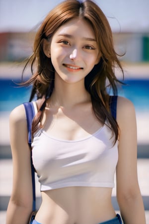 portrait photo of a Top model Japanese-French teenage girl Naked, seductive smile, small mole under left eye, smooth soft skin, symmetrical, at summer, whole body, at school, perfect detail, looking at viewer, make up, buns, ginger hair, large round glasses, korean highschool uniform, white open cleavage shirt, soft lighting, highly detailed face, from side, photo realistic, (looking into camera:1.7), HDR, cowboy shot