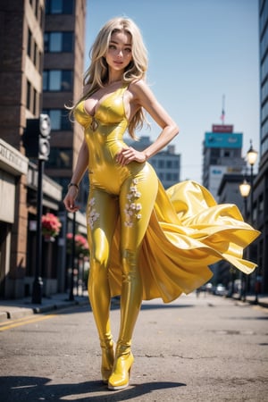 nsfw, 21yo girl, professional photo, stunningly beautiful girl, (4k), (masterpiece), (best quality),(extremely intricate), (realistic), (sharp focus), (cinematic lighting), (extremely detailed), (full body),

A beautiful young girl with long blonde hair is posing with back turned to the viewer in the city street.

She has bright smile and sparkling eyes. 

She is wearing white sleveless bodysuit, it has straps top with a V neck and goes all the way down to her knees. She is wearing a yellow tank top over the bodysuit. She is also wearing a flowing yellow skirt over the bodysuit.

,flower4rmor, flowers in hair, flower laced bodysuit
,matwaretech, scifi, yellow hues
,DonMChr0m4t3rr4 ,DonM4lbum1n,titsonastick