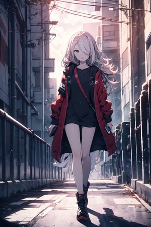 nsfw, 21yo girl, 1girl, black and white hair, red lips, full body, legs apart, long hair, eye 2 separated each eye anemtro from the face, holds a cell phone, looks at the cell phone, long clothes, red clothes, world with buildings, fate/ stay background