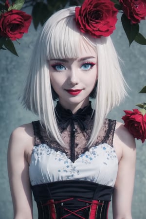 nsfw, 21yo girl, (1 cute girl), (white hair), grey eyes, wearing a beautiful light blue lace dress. pale skin, (flower art background), eye_detail, multi coloured flower background, face_detail, hair_detail with red flower, smile, more_detail, add_detail, add detailed, cute_face, corset, (upper body shot), (dynamic poses),ChopioDestiny,1 girl