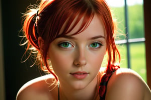 nsfw, 21yo girl, Masterpiece, Sensual graphic novel scene: A beautiful young girl, sexy curves and adorable cute face, short red hair, low twintails, green eyes, canon 8 5 mm f 1, 2 lens, depth of field, hq, filmic, dreamy, lens flare, in - focus, by Mark Arian, by Jean Giraud and Moebius, hyperrealistic, instanely detailled art