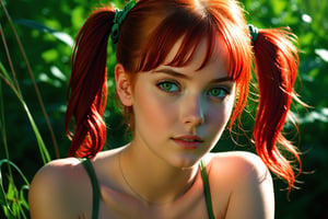 nsfw, 21yo girl, Masterpiece, Sensual graphic novel scene: A beautiful young girl, sexy curves and adorable cute face, short red hair, low twintails, green eyes, canon 8 5 mm f 1, 2 lens, depth of field, hq, filmic, dreamy, lens flare, in - focus, by Mark Arian, by Jean Giraud and Moebius, hyperrealistic, instanely detailled art