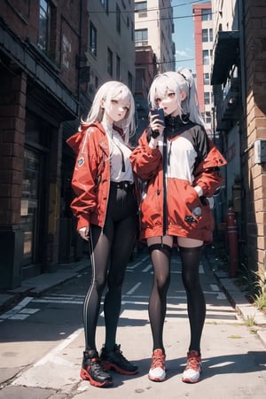 nsfw, 21yo girl, 1girl, black and white hair, red lips, full body, legs apart, long hair, eye 2 separated each eye anemtro from the face, holds a cell phone, looks at the cell phone, long clothes, red clothes, world with buildings, fate/ stay background