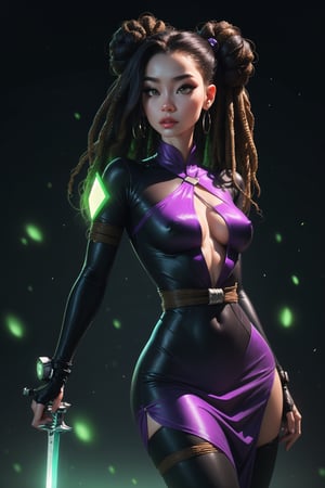 nsfw, nude, 21yo naked girl, professional photo, masterpiece, photorealistic, hyper-detailed, realistic, ultra-high resolution, correct anatomy, highest quality

bondage harness, 2 girls, 1 brown african american girl with long hair dreadlocks and purple and black futuristic ninja outfit and purple glowing eyes, 1 tan japanese american girl with two space buns and green and black futuristic ninja outfit and green glowing eyes, dragon and snake in background, digital details, simple background, looking at viewer, anime style, cute, cartoon style, serious face, playfull, dynamic, neon, magic particules, friendly, purple and green flames, swords, technology, 4k quality, digital, beauty, toned athletic body, dramatic lighting,miko dressing futuristic, long qipao dress, 3DMM,  sexy,High detailed ,SAM YANG