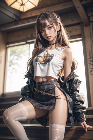 nsfw, 21yo girl, see-through clothes, professional photo, stunningly beautiful girl, 1girl, japanese girl, gal, gyaru, sitting on stairs, open legs wide, from below, Light brown hair, perky small breasts, Anime print no-sleeve t-shirt, (plaid mini skirt:1.5), (((no panties))), (((bottomless))), sport shoes, white thighhighs