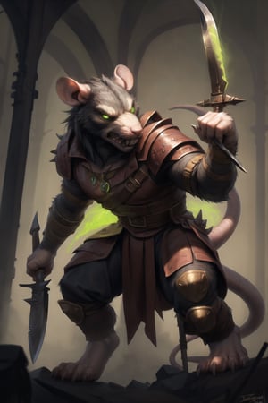 dominant male, rat, skaven, tall male, aggressive, violent, anthro, mature male, black lower lip, leaning forward, (angry pose:1.2), BREAK best quality, masterpiece, high detail, by lostgoose, good teeth, large incisors, (from below)

by personalami, by zephyxus, by darkgem, by null-ghost, male, solo, anthro, rat, rodent, skaven, facial scar, realistic fur, fluffy, safe, clothed, fully clothed, rat tail, rat paws, hairy, glowing, radioactive, (green glow, leather armor), spikes, machine, warhammer fantasy, vermintide, front view, black body:1.3, wielding knives, knife