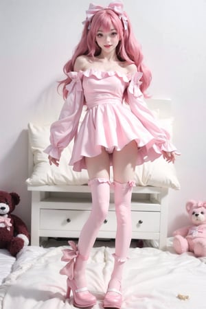 nsfw, nude, 21yo naked girl, A cute girl, (counterfeitv3.0), long pink hair with bangs, pale skin, wearing cute clothes, pink dress, bows, white silk sleeves, pink tights, pink shoes with bow lying on a bed with several teddy bears.