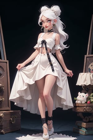 nsfw, 21yo girl, cute petite tiny girl with long goblin ears, white hair, hair buns, cute, girly, full body, cute shoes, (victorian engineer girl:1.3), (white wedding dress, crop top, suspenders:1.2), cozy black gothic mansion, (cute slender girl:1.2), (skinny girl, visible ribs:1.2)