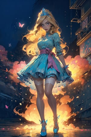 nsfw, 21yo girl, (best quality, masterpiece, illustration, designer, lighting), (extremely detailed CG 8k wallpaper unit), (detailed and expressive eyes), detailed particles, beautiful lighting, a cute girl, long blonde hair, wearing a teddy bear tiara, donning a beautiful blue and white dress with ruffles and lace, sheer pink stockings, transparent aquamarine crystal shoes, bows around her waist (Alice in Wonderland), butterflies around, (Pixiv anime style), (Wit studios), (Takehiko Inoue style), (manga style), (CamelliaMix - V3), full_body.