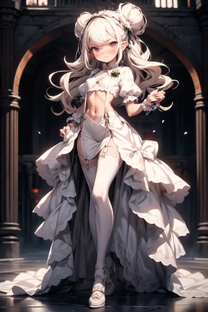 nsfw, 21yo girl, cute petite tiny girl with long goblin ears, white hair, hair buns, cute, girly, full body, cute shoes, (victorian engineer girl:1.3), (white wedding dress, crop top, suspenders:1.2), cozy black gothic mansion, (cute slender girl:1.2), (skinny girl, visible ribs:1.2)