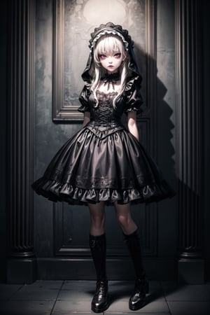 nsfw, nude, 21yo naked girl, ((​masterpiece、top-quality)), (Photorealistic photography:1.4), (gothic lolita:1.5), White Elegance, Highly detailed frills, (intricate detailes),1 persons, female, Mystical Beautiful Girl, Very young face, perfect anatomia, perfectly proportions, face perfect, Strong gothic makeup, Whitewashed face, Purple Lipstick, Purple eyeshadow, (Heavy makeup:1.4), Pathological beauty, Bright on the face, Details of face, serious faces, blondehair, Long straight hair, Parting aligned bangs, Hair that flutters in the wind, Gothic Lolita costume in black and bubblegum pink,Hood of her vertical roll, Black and bubblegum pink miniskirt bulging with panniers, lace-up boots, Very short stature, perky small breasts, Stand cross-legged, um Home Detetive, conceptual art, 真实感, godrays, Cinematographic lighting, canon, high details, hiquality, HD fine, 16K resolution, Full body portrait, full body Esbian,