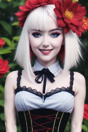 nsfw, 21yo girl, (1 cute girl), (white hair), grey eyes, wearing a beautiful light blue lace dress. pale skin, (flower art background), eye_detail, multi coloured flower background, face_detail, hair_detail with red flower, smile, more_detail, add_detail, add detailed, cute_face, corset, (upper body shot), (dynamic poses),ChopioDestiny,1 girl