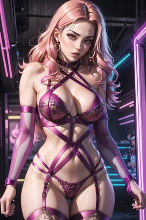 nsfw, nude, naked girl, bondage harness, 1 girl, symmetrical face, perfect brown eyes, sparks, lingerie, sexy lingerie, lace lingerie, stockings, garter_strap, (female hair made of fine multicolored neon:1.5), (long thin hair made of multicolored neon strands flowing down the body), (in a colorful night club:1.2), perky natural breasts, midriff, skinny, natural hip, (sexy pose, dynamic pose), (strip club), ultra high resolution, 8k, HDr, art, high detail,underwear
