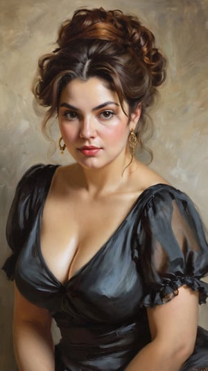 An oil painting in the style of John Singer Sargent and a print by Ivana Besevic, the lighting style of Rembrandt. A beautiful portrait of a 40-year-old chubby Persian lady. A detailed, beautiful, mature round chubby face, elegant updo hairstyle, beautiful, large eyes and full lips