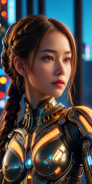 A medium shot of an 16-year-old female semi-cyborg, standing at attention with a natural pose, looking into the distance under a 45-degree overhead lighting. Her round face features bright steeple eyes, perfect lips, and braided hair. Her body is precise and intricate, with geometric patterns in gold and black colors. A rocket booster adorns one shoulder. In the background, a shallow depth of field highlights a neon-lit cityscape with crossed lights. The subject's bio-mechanical arms are highly detailed, blending seamlessly into her human body. Cinematic lighting creates a stunning visual effect, blurring the lines between human and machine. The image is captured in breathtaking high-resolution, showcasing an original character that embodies the fusion of technology and beauty.