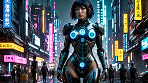 Motoko Kusanagi stands tall in a darkened cityscape, illuminated only by neon hues. Her cybernetic bodysuit glistens with a metallic sheen as she surveys the landscape. Blue robotic eyes glow with an otherworldly intensity, piercing through the shadows. In this cyberpunk world, the boundaries between human and machine blur, as Motoko embodies the fusion of flesh and steel,cyberpunk style,DonMCyb3rN3cr0XL,cyborg
