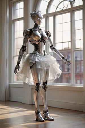 A meticulously detailed robot takes center stage amidst an empty room's simplicity, its glossy white plastic and silver body gleaming under warm sunlight cascading through large windows. The robot's tutu-adorned form strikes a delicate ballet pose, juxtaposing technology with elegance. Framed by the stark contrast of materials, the intricate design showcases the fusion of mechanics and artistry. Soft light accentuates the robot's mechanical beauty in this unique blend of creativity and precision.