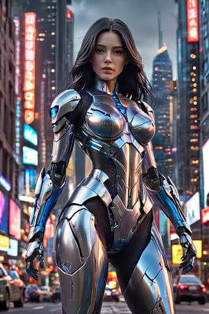 Against a backdrop of neon-drenched skyscrapers and holographic advertisements in a futuristic sci-fi town, a photorealistic masterpiece showcases a stunning supermodel-turned-superhero. The elegant lady, with long black hair flowing like silk in the artificial wind, gazes forth with piercing blue eyes. She wears a custom-designed high-tech suit, emblazoned with icy blue accents and a radiant glow that seems to pulse with her heartbeat. The sleek, sparkling armor appears perfectly suited for the task at hand, as if it has been crafted specifically for this fearless crusader. In the distance, the imposing silhouette of a mecha looms, its metallic form reflected in the reflective surfaces of the cityscape,mecha,(hubggirl)