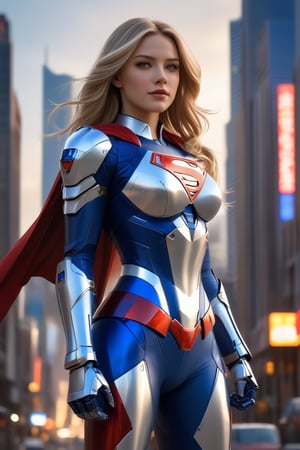 Here's a high-quality prompt based on your description:

A dreamy Supergirl stands confidently in front of a warm cityscape backdrop, her long golden blonde hair blowing gently in the wind, with subtle highlights framing her radiant face. Her vibrant makeup accentuates her striking facial structure as she gazes directly at the camera, blue eyes sparkling like stars on a clear evening sky. She wears a stunning white, red, and blue outfit with loose folds, complemented by matte Kryptonian ceramic mecha armor computer with gauntlets, leggings, and boots. The unfocused urban landscape serves as a dramatic backdrop for this epic character composition.,mecha\(hubggirl)\