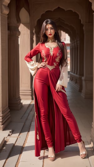 (full body shot), A beautiful Indian women wearing a red kurta, pink skinny leg salwar, fancy kurta, skinny long sleeves, (Indian outfits), Indian costumes, beautiful suit, gorgeous looking, ultra detailed face, red lips, high heel, high quality picture, candid picture, ultra detailed face, realistic face, perfect body fit, high heel, ,High detailed ,3va