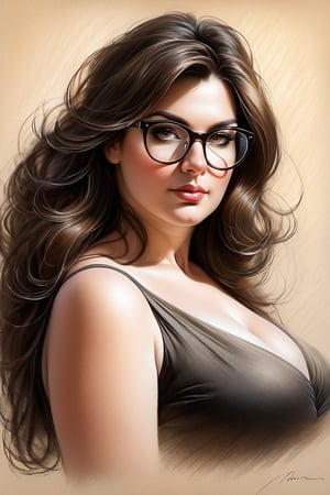pencil Sketch of a beautiful fat chubby mature woman, with long thick dark brown hair, black rimmed glasses, alluring, portrait by Charles Miano, pastel drawing, illustrative art, soft lighting, detailed, more Flowing rhythm, elegant, low contrast, add soft blur with thin line, 
