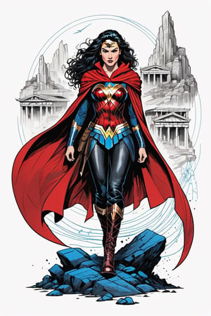 dark, gritty, realistic,  (masterpiece, best quality:1.3), (2d:1.3), ink (medium), White background, ((full body)),portrait, Wonderwoman, long red cape, levitating, above ancient city, Sketch book, hand drawn, dark, gritty, realistic sketch, Rough sketch, mix of bold dark lines and loose lines, arcane symbols, runes, dark theme, flowing black hair, beautiful, ((all black leather clothing with red blue accents)), embroidered with Greek runes, black leather pants,  leather rune embroidered boots, (sharp lines), lines of bold ink, strong outlines, bold strokes, high contrast, (professional vector), best quality, flat colors, flat lights, no shadows, low levels, ((geometric shapes)), ((arcane symbols)),  dark theme, Perfect composition, 4k, sharp focus. Better hand, perfect anatomy