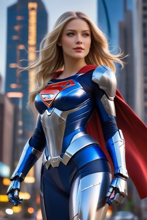 Supergirl poses confidently against a warm cityscape backdrop, her long golden blonde hair streaked with subtle highlights framing her radiant face as it blows in the wind. Vibrant makeup accentuates her striking facial structure as she gazes directly at the camera, blue eyes sparkling like stars on a clear evening sky. She wears a stunning white, red, and blue outfit with loose folds, complemented by matte Kryptonian ceramic mecha armor computer with gauntlets, leggings and boots. The unfocused urban landscape serves as a dramatic backdrop for this epic character composition,mecha\(hubggirl)\