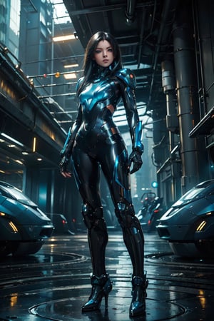 (Masterpiece:1.5), (Best quality:1.5), Cyberpunk style, full body, Masterpiece, photorealistic, futuristic sci fi town, futuristic buildings, sci fi architecture, rich colors, saturated colors, vibrant colors, realistic image of an elegant lady, supermodel Superhero, long black hair, blue eyes, wearing high-tech cyberpunk style black Batwoman suit, radiant Glow, sparkling suit, mecha, perfectly customized high-tech suit, ice theme, custom design, 1 girl,mecha,Magic Forest,mecha musume