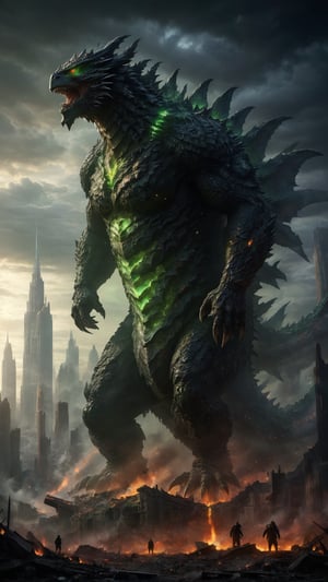 A colossal Godzilla kaiju, its stupendous body the size of a city, towering over a desolate landscape, Gigantic legs crushing the ruins below, while glowing green eyes scan for prey, reflecting the dying light of a shattered world.
 
