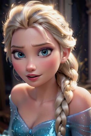 A stunningly beautiful woman, Queen Elsa from Frozen with long blonde hair is illuminated by soft, shadowy light in a close-up shot. Her features are delicate and elegant, exuding an air of mystery and allure. The image, most likely a photograph, captures her ethereal presence perfectly, with every strand of hair and curve of her face sharply defined. The soft lighting enhances her natural beauty, creating a mesmerizing and captivating portrait. Overall, this high-quality image showcases the woman's timeless and enchanting charm in a subdued yet powerful way