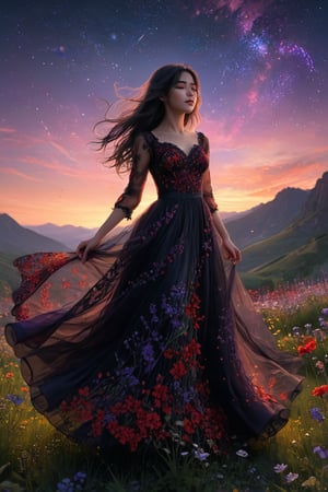 a girl, dancing in a valley of colorful wildflowers, windy, (transparent black red lace flower patterned long gown ), Twilight, (long dark hair ), stars in the sky, (see the sky ), full body, sky with purple shadow tones, realistic, highly detailed, high quality background, dreamlike image, beautiful flawless images, mood-setting aura, (low angle shot: 1.2), detailed face , detailed eyes, 1 girl