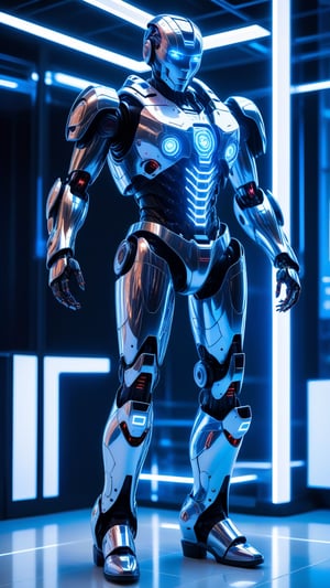 A futuristic humanoid robot with glowing blue circuits embedded in its metallic skin, equipped with articulated fingers and red LED eyes, standing at attention with boots on a polished white floor in a high-tech laboratory. The space is filled with holographic screens displaying intricate algorithms and data streams, illuminated by a soft neon blue light that creates a dynamic interplay of shadows, blending a cyberpunk aesthetic with technological precision.