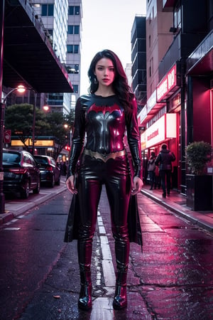 Dark Neon lit city streets, 1girl, long black hair,Batwoman,wearing Batwoman's black leather stealth uniform,perfect, black shiny leather ,full body, black leather pants,Bright colors