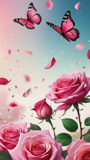 pink blooming roses of different sizes,(falling petals), blurry background, petals scattered on the ground, photorealistic, Butterflies